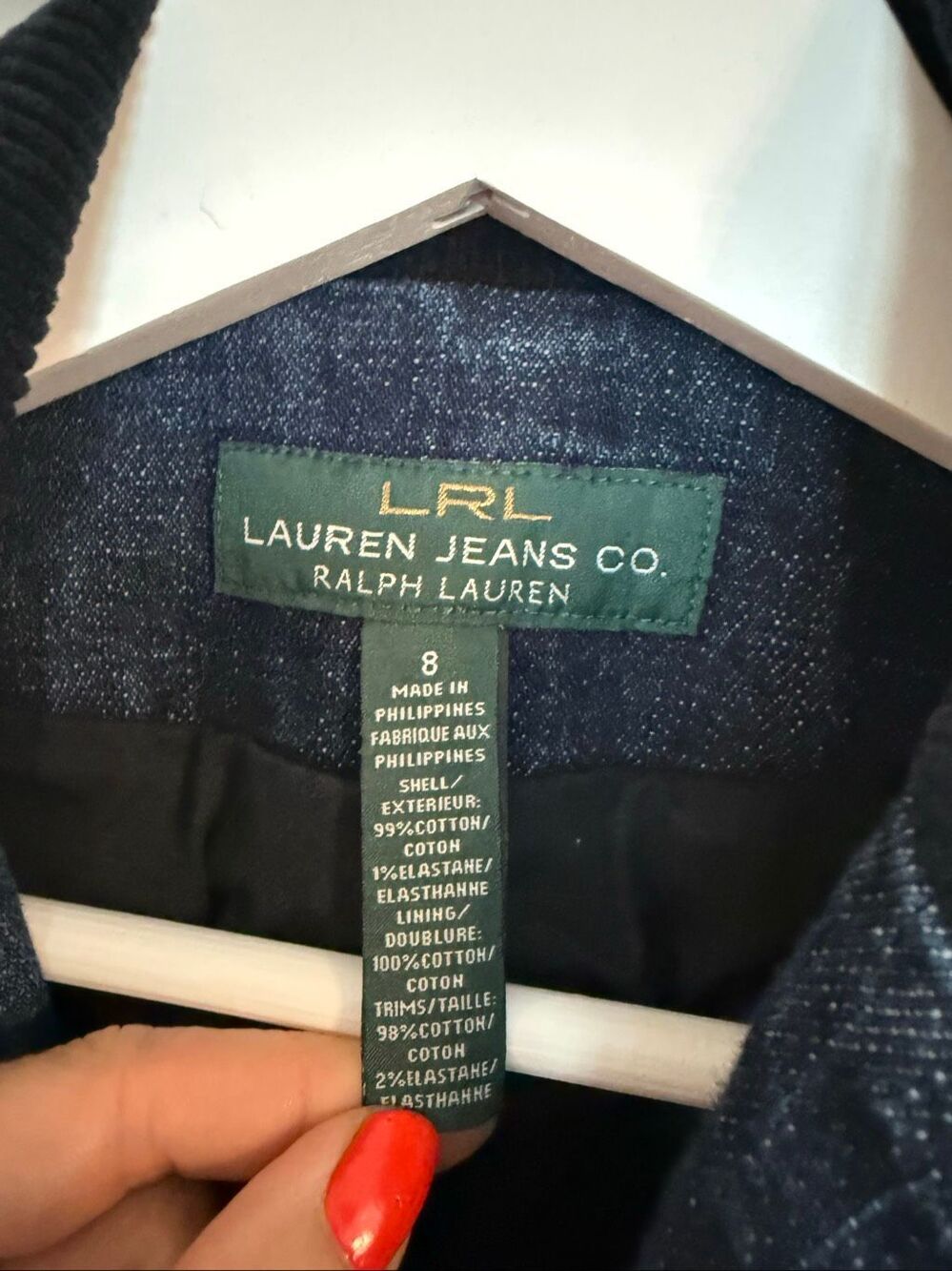 LRL Lauren Ralph Lauren denim blazer corduroy collar size 8 - Picture 3 of 6